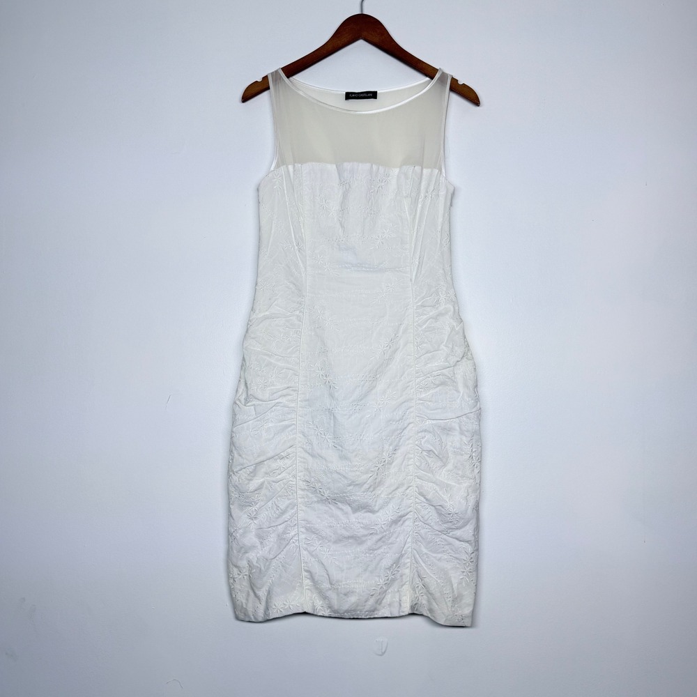 Flavio Castellani White Embroidered Ruched Sheath Dress Size 42 Made in Italy